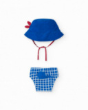Completo per bambino con cappellino blu ricamato e culotte a quadri bianchi Completo per bambino con cappellino blu ricamato e culotte a quadri bianchi
