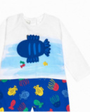 Tutina di maglia per bambino color blu con stampa di pesci Tutina di maglia per bambino color blu con stampa di pesci