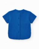 Completo di cotone per bambino con camicia blu a maniche corte e pantaloni in denim con ricamo di