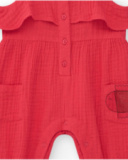 Tutina rossa per bambina con volant e tasche con applicazione di pesce Tutina rossa per bambina con volant e tasche con applicazione di pesce