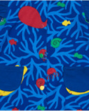 Tutina blu per bambina con stampa marina e tasche a forma di pesce Tutina blu per bambina con stampa marina e tasche a forma di pesce