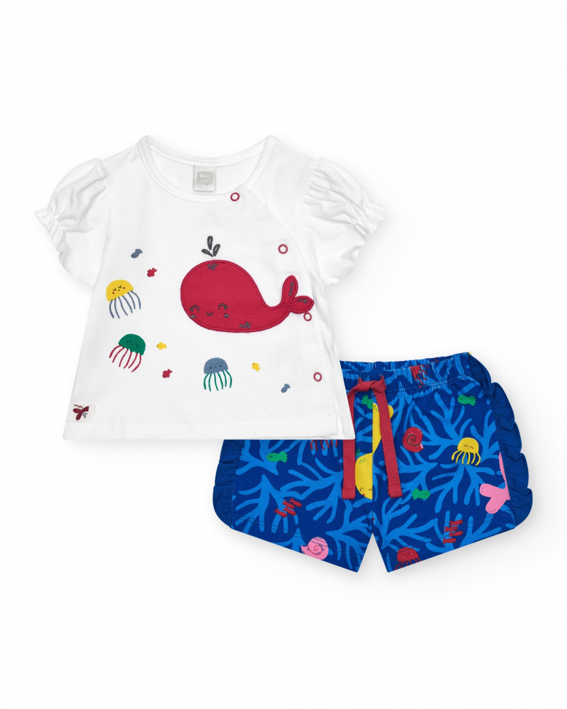 Completo per bambina con t-shirt bianca di balena e pantaloni blu navy