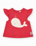 Completo per bambina con t-shirt rossa di balena e pantaloni in denim blu