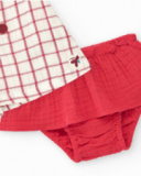 Completo per bambina con camicetta a quadri e culotte rosse con volant