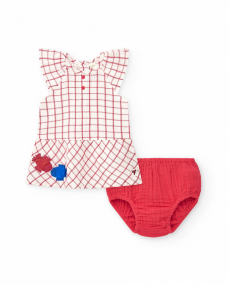 Vestido blanco de cuadros rojos con culetín rojo a juego