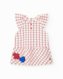 Vestido blanco de cuadros rojos con culetín rojo a juego