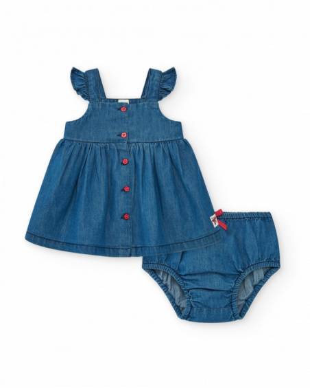 Vestito in denim per bambina con volant e bottoni rossi