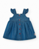 Vestito in denim per bambina con volant e bottoni rossi