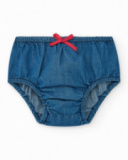 Vestito in denim per bambina con volant e bottoni rossi