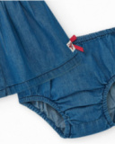 Vestito in denim per bambina con volant e bottoni rossi