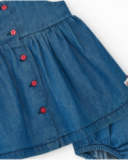 Vestito in denim per bambina con volant e bottoni rossi