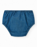 Vestito in denim per bambina con volant e bottoni rossi