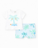 Completo da bagno per bambino con t-shirt bianca con palma e pantaloni blu con stampa tropicale