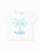 Completo da bagno per bambino con t-shirt bianca con palma e pantaloni blu con stampa tropicale