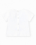 Completo da bagno per bambino con t-shirt bianca con palma e pantaloni blu con stampa tropicale