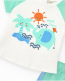 Completo per bambino con t-shirt bianca con stampa tropicale e pantaloncini verdi con dettagli blu