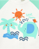 Completo per bambino con t-shirt bianca con stampa tropicale e pantaloncini verdi con dettagli blu