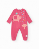 Tutina fucsia per bambina con stampa di elefante, palma e pois Tutina fucsia per bambina con stampa di elefante, palma e pois