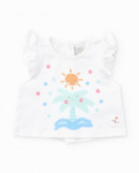 Completo da bagno per bambina con t-shirt bianca con palma e culotte rosa con volant