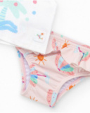 Completo da bagno per bambina con t-shirt bianca con palma e culotte rosa con volant