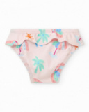 Completo da bagno per bambina con t-shirt bianca con palma e culotte rosa con volant
