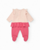 Tutina rosa e crema per bambina con elefante in rilievo e volant in vita Tutina rosa e crema per bambina con elefante in rilievo e volant in vita