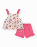 Completo crema per bambina con camicetta con ombrelli e pantaloncini rosa con volant