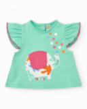 Completo verde per bambina con t-shirt di elefante e culotte bianche con foglie tropicali