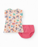 Completo crema per bambina con vestito a ombrellini e culotte rosa