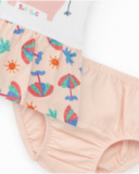 Completo bianco per bambina con vestito di elefante e culotte tropicali