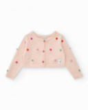 Chaqueta rosa de tricot para niña con pompones multicolor y Chaqueta rosa de tricot para niña con pompones multicolor y