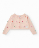 Chaqueta rosa de tricot para niña con pompones multicolor y Chaqueta rosa de tricot para niña con pompones multicolor y