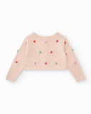 Chaqueta rosa de tricot para niña con pompones multicolor y Chaqueta rosa de tricot para niña con pompones multicolor y