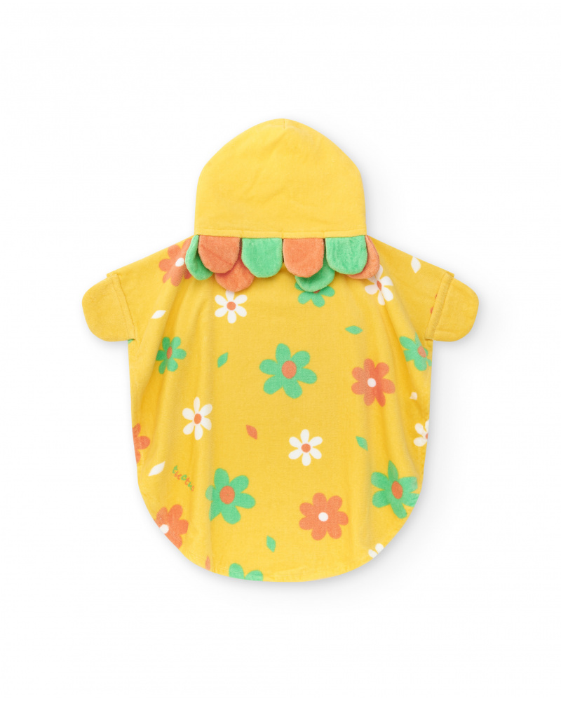 Toalla-poncho amarilla para niña con estampado de flores y