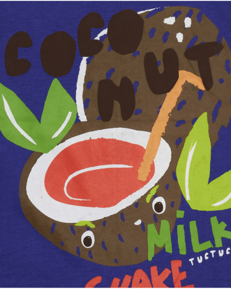Camiseta azul para niño con coco y texto "Coconut Milk Shake"