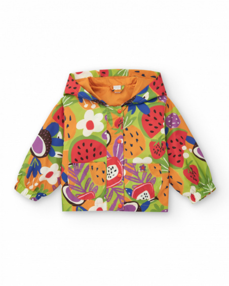 Cortavientos para niña con estampado de frutas y capucha