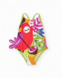 Bañador para niña con loro tropical y detalles florales