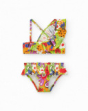 Bikini para niña con estampado de frutas y detalles fruncidos