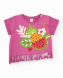 Camiseta lila para niña con flecos y estampado de frutas Camiseta lila para niña con flecos y estampado de frutas