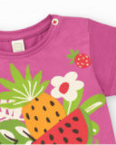 Camiseta lila para niña con flecos y estampado de frutas Camiseta lila para niña con flecos y estampado de frutas