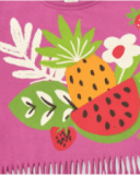 Camiseta lila para niña con flecos y estampado de frutas Camiseta lila para niña con flecos y estampado de frutas