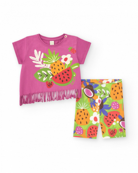 Conjunto lila para niña con camiseta de flecos y legging frutal