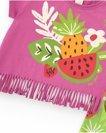 Conjunto lila para niña con camiseta de flecos y legging frutal