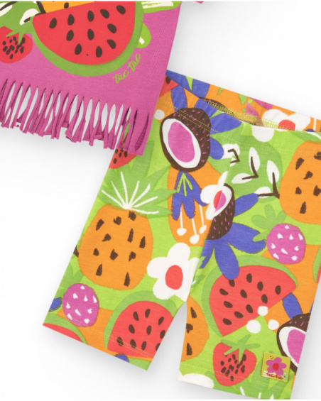 Conjunto lila para niña con camiseta de flecos y legging frutal