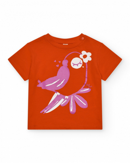Camiseta roja para niña con estampado de pájaro