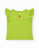Camiseta verde para niña con volantes y flor de crochet Camiseta verde para niña con volantes y flor de crochet