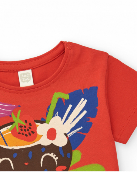 Camiseta roja para niña con estampado tropical de coco