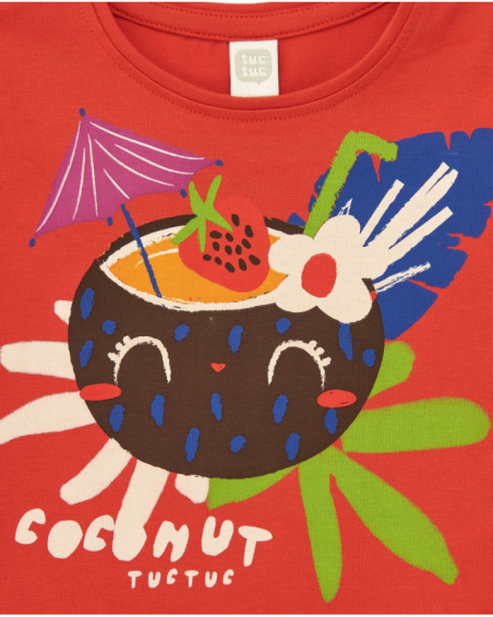 Camiseta roja para niña con estampado tropical de coco