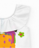 Camiseta blanca para niña con volantes y estampado tropical Camiseta blanca para niña con volantes y estampado tropical