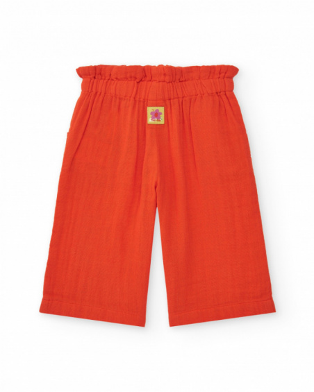 Pantalón culotte naranja para niña con cintura fruncida y lazo